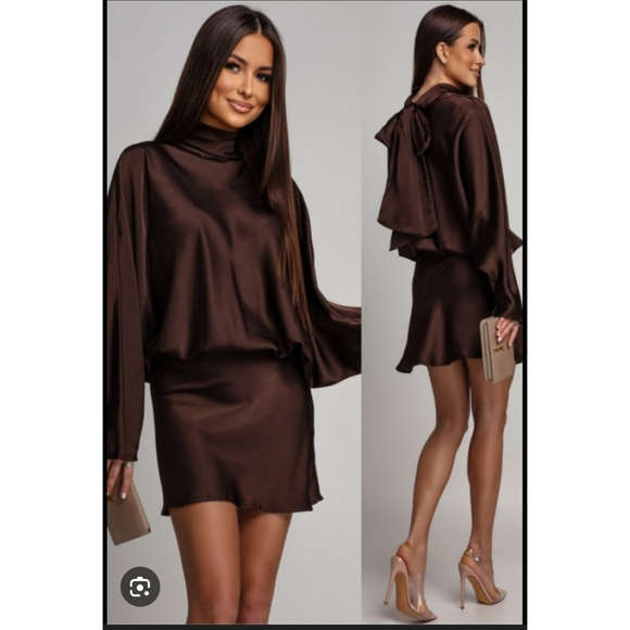 Zara Satin Effect Scarf Dress Brown NWT - Picture 2 of 15